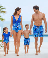 Comprar maiô feminino mãe e filha azul com babado estampa tropical laço e shorts masculino pai filho praia piscina barato ou em promoção ANELLIMN